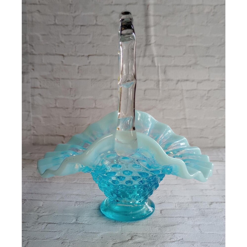 Fenton Glass Hobmail Opalescent Blue Ruffled Basket